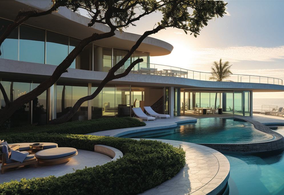 A curved house at sunset, rendered