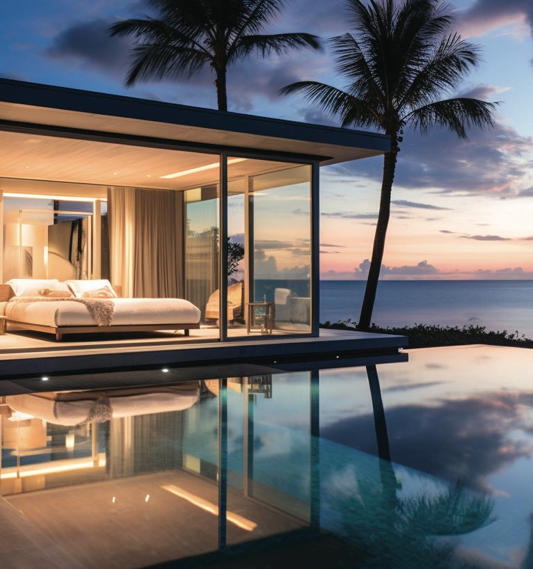 A glass bedroom over the pool, rendered